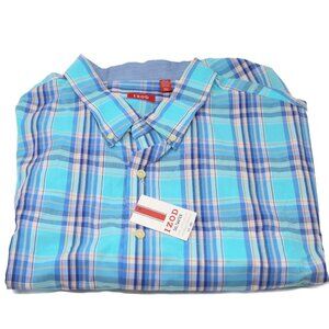 IZOD Saltwater Blue Plaid Button Up Shirt Mens Size 3XLT TALL Short Sleeve NWT